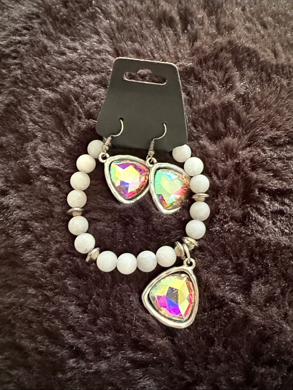Iridescent Crystal Heart Charm Bracelet with Matching Earrings - White Beaded